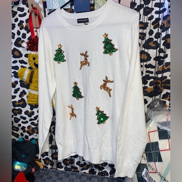 CHRISTMAS WHITE RIBBED KNIT VICTORIA HARBOR CREW NECK SWEATER - Picture 2 of 6